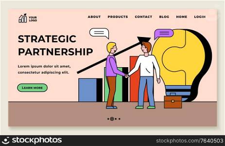 Strategic partnership, people making successful deal. Handshake of partners at work, infocharts with light bulb in puzzle form and pointer. Website or webpage template page vector in flat style. Strategic Partnership Handshake of Partners Web