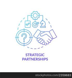 Strategic partnerships blue gradient concept icon. Cooperation process. Business development abstract idea thin line illustration. Isolated outline drawing. Myriad Pro-Bold font used. Strategic partnerships blue gradient concept icon