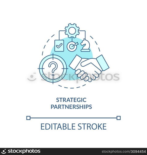 Strategic partnerships turquoise concept icon. Cooperate growth. Business development abstract idea thin line illustration. Isolated outline drawing. Editable stroke. Arial, Myriad Pro-Bold fonts used. Strategic partnerships turquoise concept icon