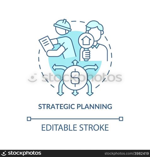 Strategic planning turquoise concept icon. Type of planning abstract idea thin line illustration. Reviewing direction. Isolated outline drawing. Editable stroke. Arial, Myriad Pro-Bold fonts used. Strategic planning turquoise concept icon