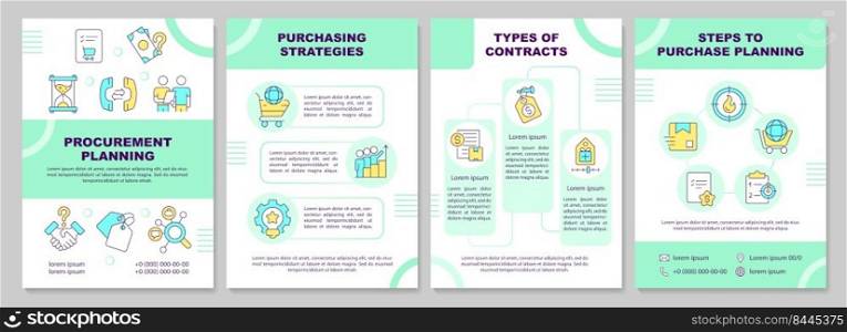 Strategic procurement green brochure template. Contracts types. Leaflet design with linear icons. Editable 4 vector layouts for presentation, annual reports. Arial-Black, Myriad Pro-Regular fonts used. Strategic procurement green brochure template