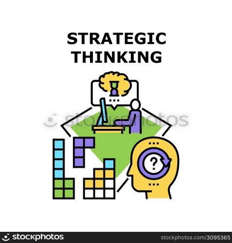 Strategic Thinking Vector Icon Concept. Strategic Thinking And Brainstorming, Developing Company Strategy On Computer At Workspace. Leadership Vision And Decision Color Illustration. Strategic Thinking Vector Concept Illustration