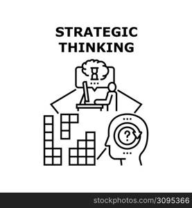 Strategic Thinking Vector Icon Concept. Strategic Thinking And Brainstorming, Developing Company Strategy On Computer At Workspace. Leadership Vision And Decision Black Illustration. Strategic Thinking Vector Concept Illustration