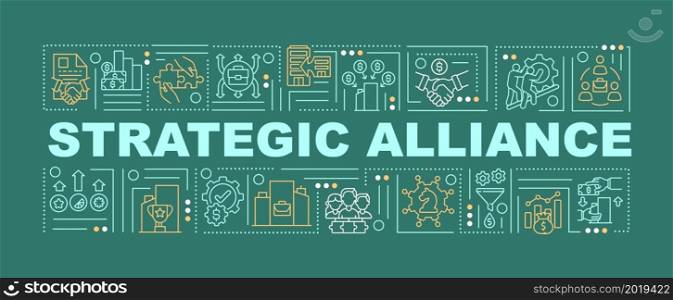 Strategic union word concepts banner. Business expansion strategy. Infographics with linear icons on green background. Isolated creative typography. Vector outline color illustration with text. Strategic union word concepts banner