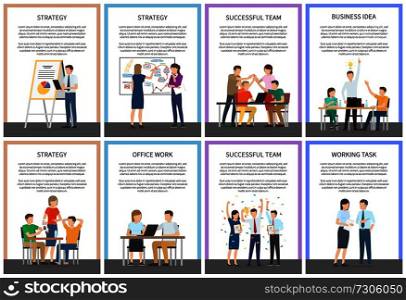 Strategy and successful team, business idea and office work, working task, text samples and lettering with busy people isolated on vector illustration. Strategy and Successful Team Vector Illustration