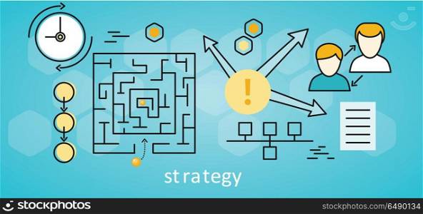 Strategy Business Background. Strategy business background with different suitable elements. Square labyrinth with yellow balls on blue background. Concept of online business, business analysis, business strategy, brainstorm