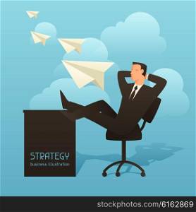 Strategy business conceptual illustration with businessman and paper planes. Image for web sites, articles, magazines.