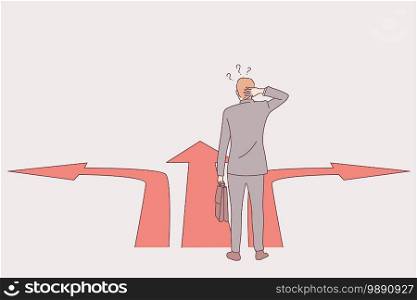 Strategy, business direction, way choice concept. Businessman standing at crossroads and thinking about right path. Pathway selection dilemma vector illustration. Strategy, business direction, way choice concept