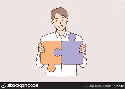 Strategy, career and development concept. Young smiling man cartoon character making pieces of puzzle together feeling confident vector illustration . Strategy, career and development concept.