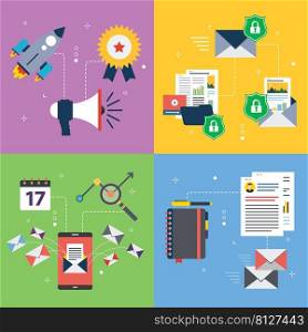 Strategy, communication, safety, marketing and business icons. Concepts of communication, email protection, mobile communication and email marketing. Flat design icons in vector illustration.