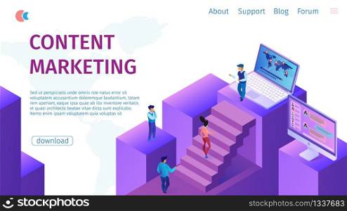 Strategy Content Marketing Manager Flat Banner. Vector Illustration Landing Page. Concept Aimed at Building Sustainable Business Relationships with Customers. Men and Women go Up.. Strategy Content Marketing Manager Flat Banner.