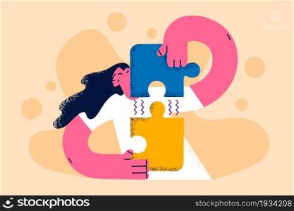 Strategy, development and success concept. Young smiling woman cartoon character making pieces of puzzle together feeling confident vector illustration . Strategy, development and success concept.