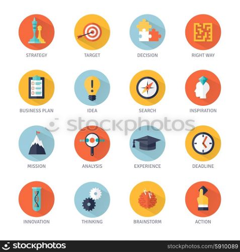 Strategy Icons Set. Business strategy shadow icons set with idea analysis and action symbols flat isolated vector illustration