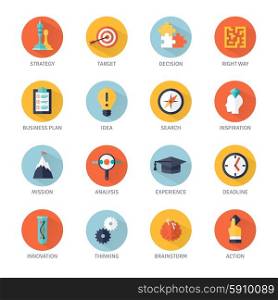 Strategy Icons Set. Business strategy shadow icons set with idea analysis and action symbols flat isolated vector illustration