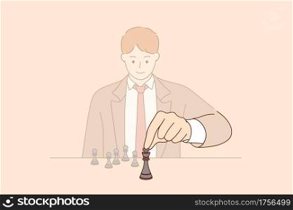 Strategy, leadership and management concept. Young smiling businessman cartoon character sitting and moving chess figure alone feeling confident vector illustration . Strategy, leadership and management concept