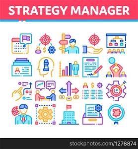 Strategy Manager Job Collection Icons Set Vector. Contract Signing And Customer Database, Business Direction Strategy Manager Concept Linear Pictograms. Color Contour Illustrations. Strategy Manager Job Collection Icons Set Vector