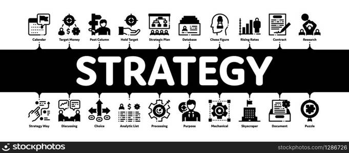 Strategy Manager Job Minimal Infographic Web Banner Vector. Contract Signing And Customer Database, Business Direction Strategy Manager Illustrations. Strategy Manager Job Minimal Infographic Banner Vector