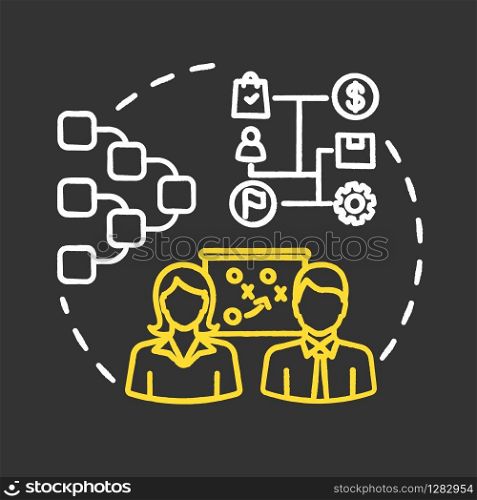 Strategy map chalk RGB color concept icon. Route step. Entrepreneurship, startup. Teamwork on project. Business planning idea. Vector isolated chalkboard illustration on black background