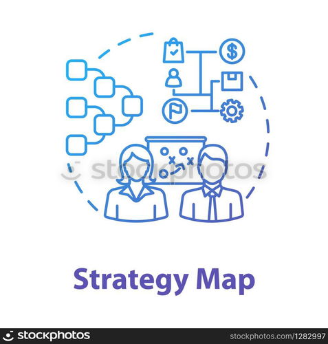 Strategy map concept icon. Career in marketing. Entrepreneurship, startup. Teamwork on project. Business planning idea thin line illustration. Vector isolated outline RGB color drawing