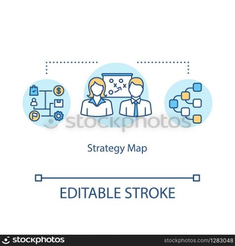 Strategy map concept icon. Planning algorithm idea thin line illustration. Business objectives achieving. Company strategic analysis. Vector isolated outline RGB color drawing. Editable stroke