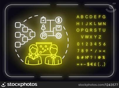 Strategy map neon light concept icon. Strategy model for project. Business planning idea. Outer glowing sign with alphabet, numbers and symbols. Vector isolated RGB color illustration