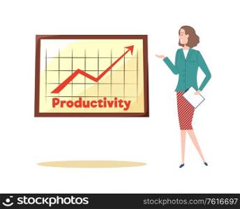Strategy of businesswoman vector, lady with productivity booster on whiteboard, presentation of collected data, research results presenter with report. Productivity and Success Achievement Strategy