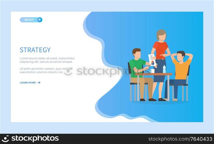Strategy of people working together, man holding and showing diagram list, teamwork brainstorming, group researching project, collaboration vector. Website or webpage template, landing page flat style. Teamwork Brainstorming, Success Strategy Vector