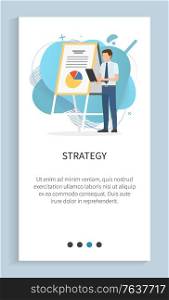 Strategy of person wearing formal clothes vector, present giving ideas on strategy and development of company, male with clipboard document. Website slider app template, landing page flat style. Strategy of Man Giving Presentation, Presenter