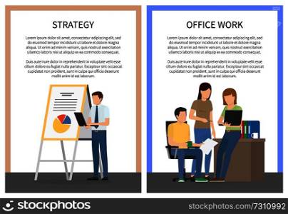 Strategy office work set of posters with workers making presentation near chartboard, discussing business issues at workplace vector illustration. Strategy Office Work Set of Posters with Workers