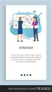 Strategy planning vector, woman working in team dealing with infocharts, rocket startup idea of team, whiteboard with information and steps. Website or app slider template, landing page flat style. Strategy Woman on Presentation, Startup Planning