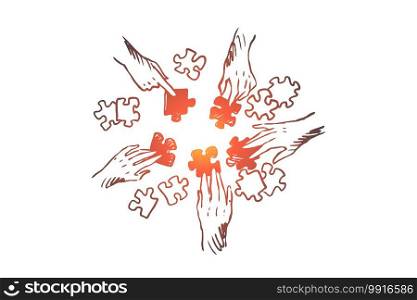 Strategy, team, teamwork, tactics concept. Hand drawn human hands with puzzles concept sketch. Isolated vector illustration.. Strategy, team, teamwork, tactics concept. Hand drawn isolated vector.