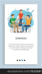 Strategy vector, working people busy on new project development man and woman boss and employee showing stats and results of work, slider. Website slider app template, landing page flat style. Strategy of Working People in Office, Website