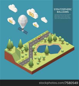 Stratospheric balloon flying and sharing modern 5g internet 3d isometric vector illustration