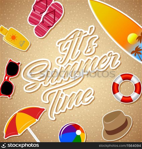 Straw hat, slippers, surfboard, sunglasses, umbrella with summer background