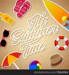 Straw hat, slippers, surfboard, sunglasses, umbrella with summer background