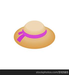 Straw hat with pink ribbon icon in isometric 3d style on a white background. Straw hat with pink ribbon icon