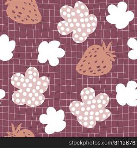 Strawberries and spotted flowers seamless pattern in 1970s style. Hippie aesthetic print for fabric, paper, T-shirt. Groovy grid distorted vector background for decor and design.