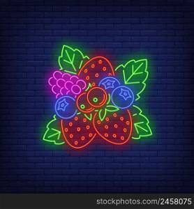 Strawberries, blueberries, red currants and raspberry neon sign. Food, fruit, berry, vitamin design. Night bright neon sign, colorful billboard, light banner. Vector illustration in neon style.