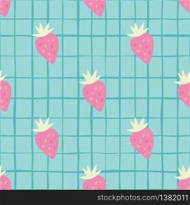 Strawberries doodle style wallpaper. Simple strawberry seamless pattern on stripes background. Design for fabric, textile print, wrapping paper, kitchen textiles, cover. Geometric vector illustration. Strawberries doodle style wallpaper. Simple strawberry seamless pattern on stripes background.