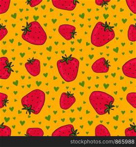 Strawberries seamless pattern with green hearts. Modern wrapping paper. Textile print, interior decor. Wallpaper pattern design with pink strawberry on yellow background. Strawberries seamless pattern with green hearts. Modern wrapping paper. Textile print, interior decor. Wallpaper pattern design with pink strawberry on yellow background.