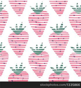 Strawberries wallpaper. Sweet berries backdrop. Doodle strawberry seamless pattern on white background. Design for fabric, textile print, wrapping paper, kitchen textiles. Vector illustration. Strawberries wallpaper. Sweet berries backdrop. Doodle strawberry seamless pattern on white background