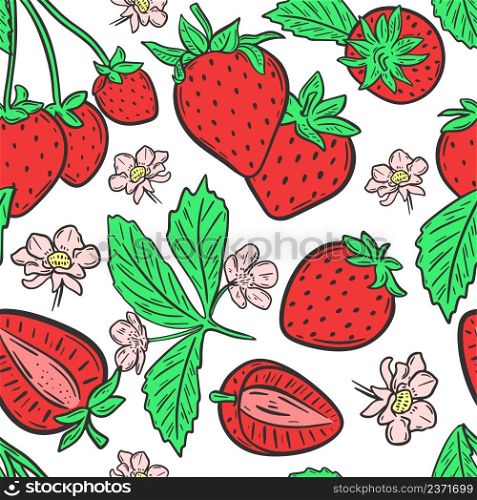 Strawberries with flowers and leaves seamless pattern. Colored berry background. Flower template and healthy organic food vector illustration. Strawberries with flowers and leaves seamless pattern