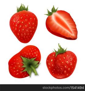 Strawberry Agricultural Tasty Berries Set Vector. Collection In Different Size, Whole And Cut Vitamin Ripe Strawberry Harvest. Diet Natural Juicy Dessert Template Realistic 3d Illustrations. Strawberry Agricultural Tasty Berries Set Vector