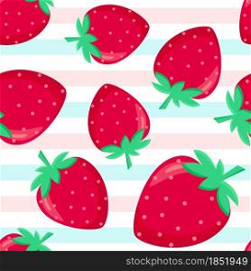 Strawberry and stripes shameless pattern, vector illustration. Bright red summer berry continuous background. Template with berries and a strip for wallpaper, packaging, design.. Strawberry and stripes shameless pattern, vector illustration.