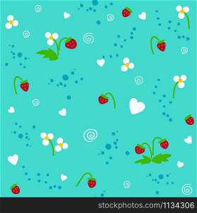 Strawberry and white flowers on the blue turquoise seamless pattern