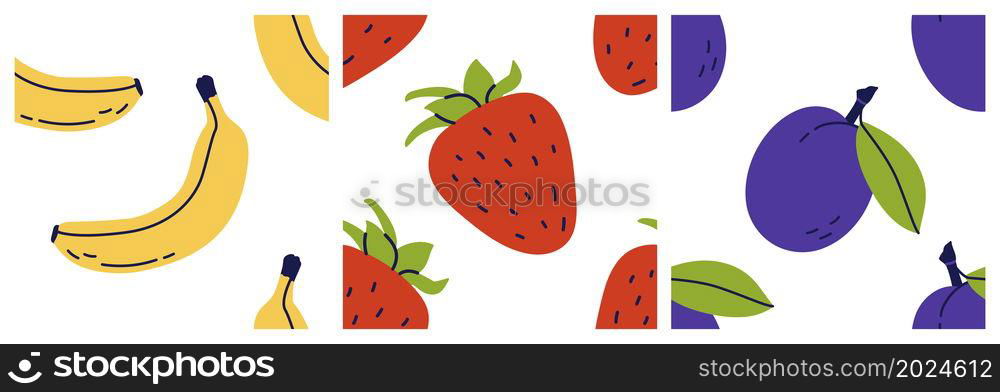 Strawberry, banana and plum. Fruit and berry seamless pattern bundle. Color illustration collection in hand-drawn style. Vector repeat background set