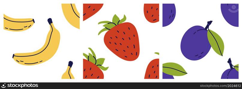 Strawberry, banana and plum. Fruit and berry seamless pattern bundle. Color illustration collection in hand-drawn style. Vector repeat background set