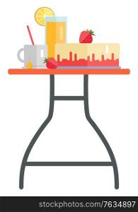 Strawberry cake, juice and tea dessert and drinks. Bakery product and hot beverage, orange smoothie or fresh, breakfast or dinner, nutrition. Vector illustration in flat cartoon style. Dessert and Drinks, Strawberry Cake, Juice and Tea
