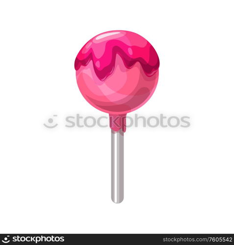 Strawberry caramel candy with pink jam topping isolated. Vector lollipop sucker on stick. Lollipop topped by strawberry jam isolated candy