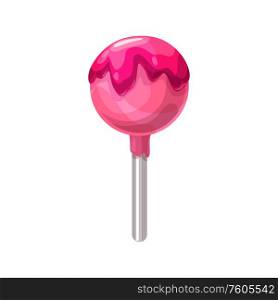 Strawberry caramel candy with pink jam topping isolated. Vector lollipop sucker on stick. Lollipop topped by strawberry jam isolated candy